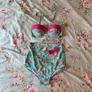 Kawaii Vintage Floral Retro Pink Blue Bikini Set